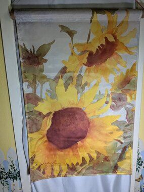 Vtg 1992 Judy Buswell Sunflower House Banner Flag Fall Watercolor Large 35x23.5